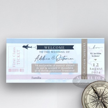 Place card nunta Pasaportul Dragostei - plic de bani in forma de boarding pass